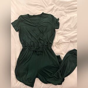 Dark Green Short Sleeve Wrap Romper